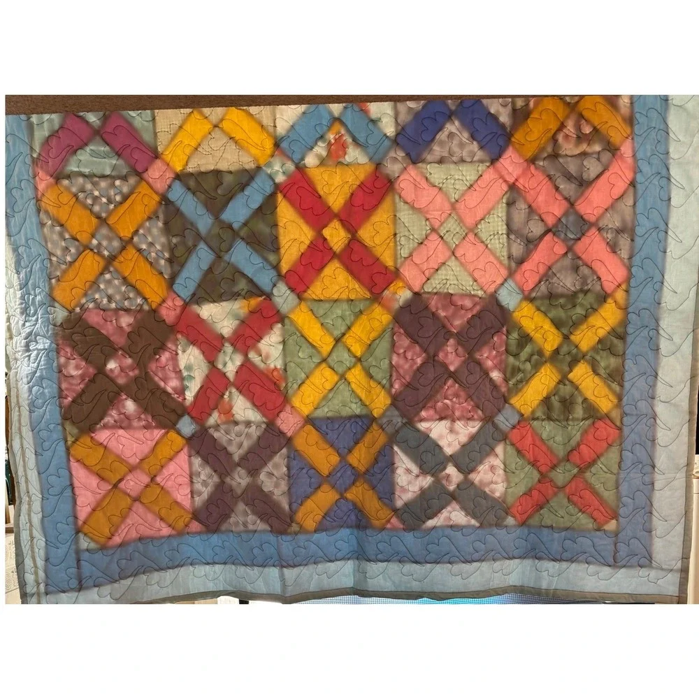 Handmade Patchwork X-Block Quilt Multicolor Heart Stitched